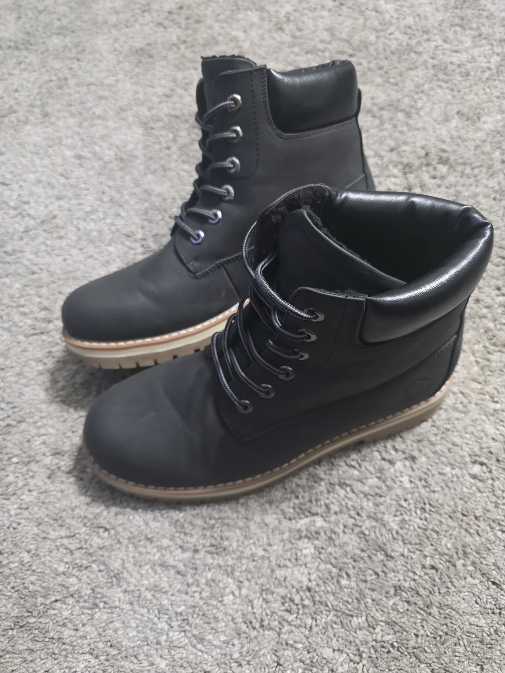 Men's Black Lace-Up Padded Collar Work Boots with Tan Sole